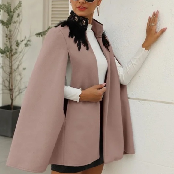 Classic gray Open Front Feather Trim Cape Jacket - Picture 11 of 11